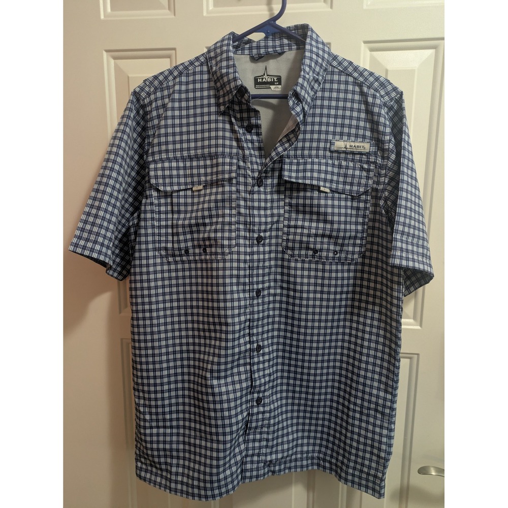 Habit Mens Fishing Shirt Short Sleeve Plaid Maritime Blue TS10411 Small